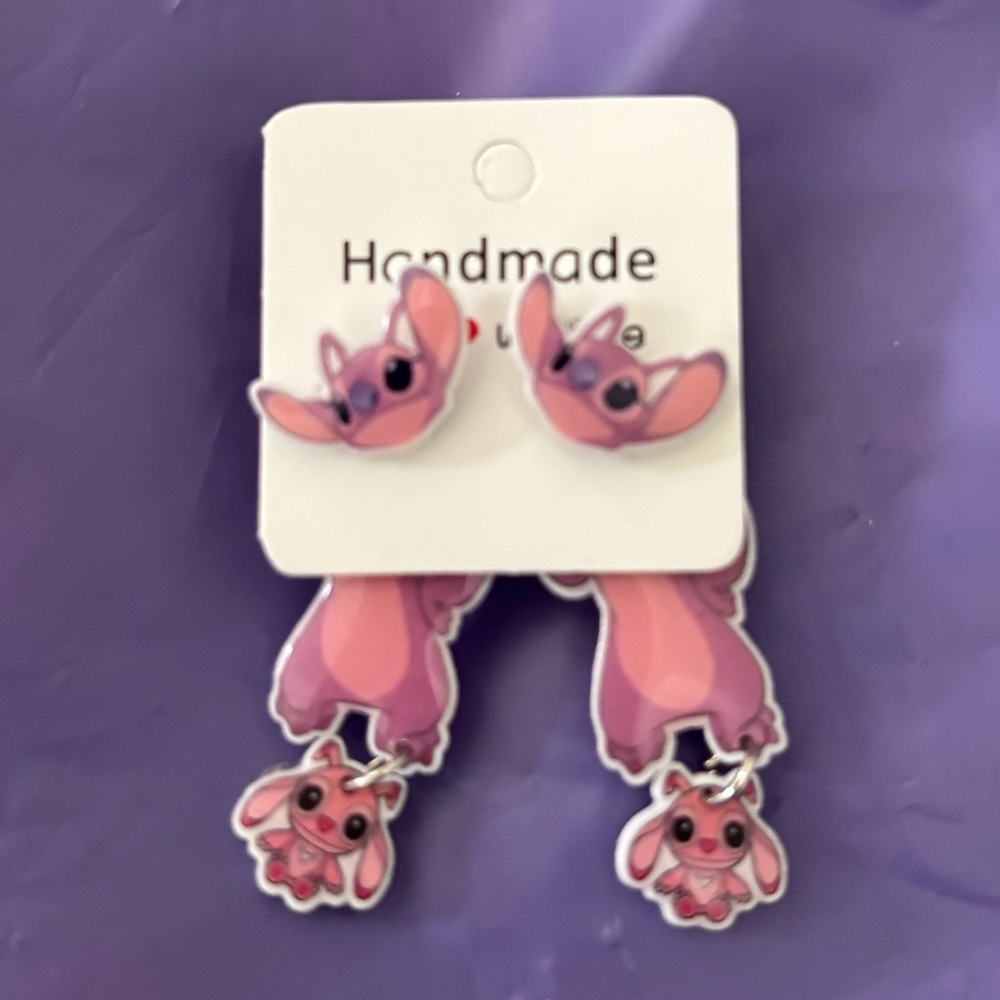 Handmade Disney Angel Lilo & Stitch Acrylic Dangle Earrings Pink